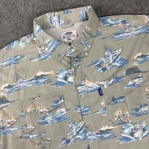 AFTCO Fishing Shirt XXL‎ Green Boats Marlin Graphic Short Sleeve Vented Men's